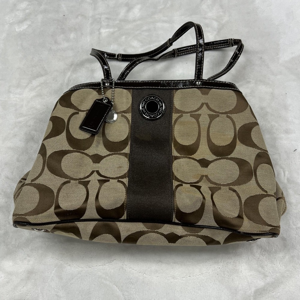 Coach Satchel Womens Medium Brown Signature C Jacquard Patent Trim F15146